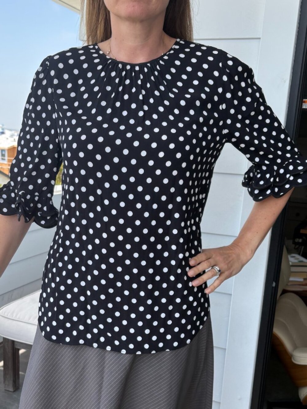 Kate Spade Black White Polka Dot Ruffle Sleeve Blouse Women's M